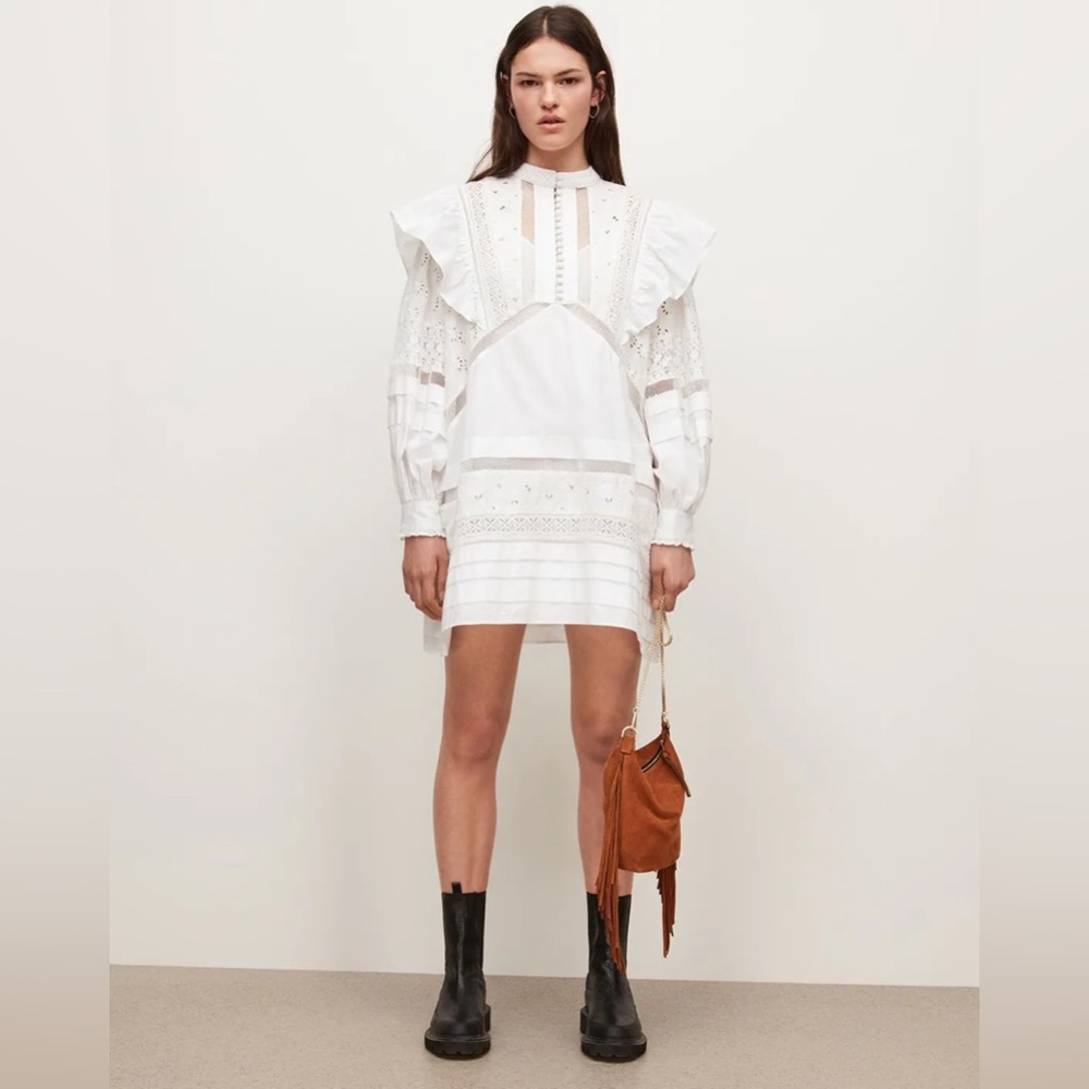All Saints Ruffled Prim Broderie Elegant White Dress